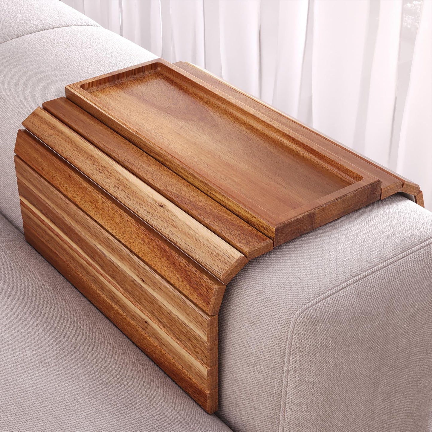 Fibogollo Sofa Arm Tray,Acacia Wood Folding Couch Arm Tray,1 pc Sofa Armrest Tray with Anti-Slip Pad for Drinks,Snacks,Phone,Remote Control