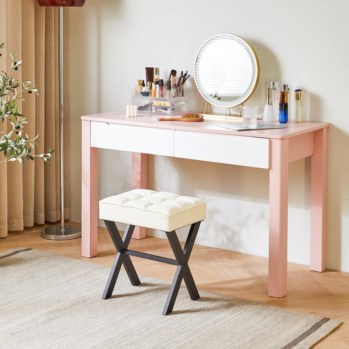 IBUYKE Square Makeup Stool with X-Leg, PU Vanity Chair, White L/G-71W