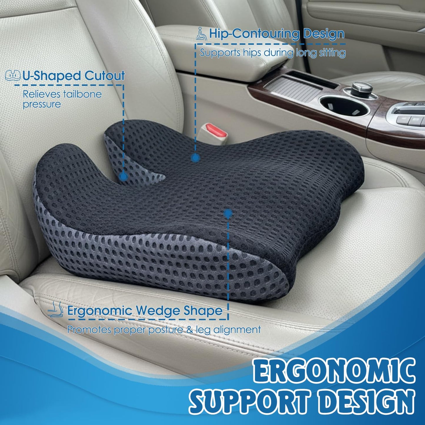 LESANM Car Seat Cushion chair cushions for Office Chair, Car, Travel, Long Sitting, Gaming, Non-Slip Base,memory foam cushions for chairs Black
