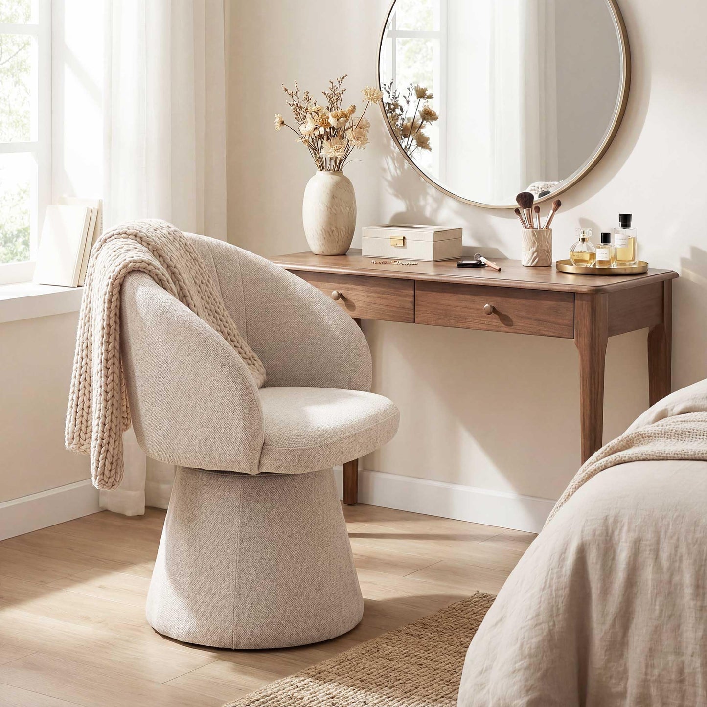 younturn Swivel Chenille Vanity Chair, Modern Upholstered Dressing Table Chair with Armrests, Accent chair with Armrests for Bedroom, Living Room