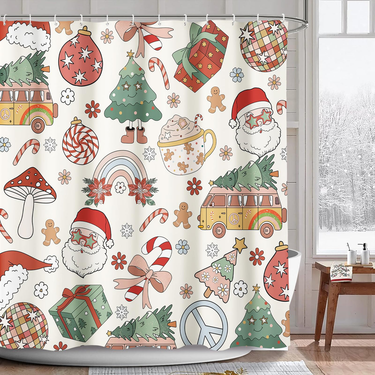AIBIIN Merry Christmas Shower Curtain Winter Santa Claus Shower Curtain for Bathroom New Year Waterproof Bathroom Decoration 180x180cm.