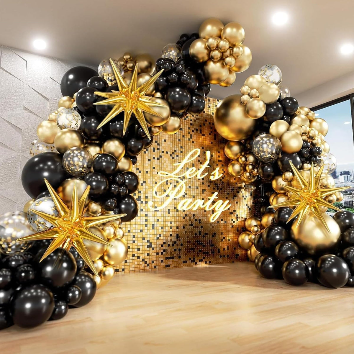 231Pcs Black and Gold Balloon Arch Kit with Foil Star Balloons, Birthday, New Years Eve Party Decorations, Confetti Latex Balloons for Graduation -