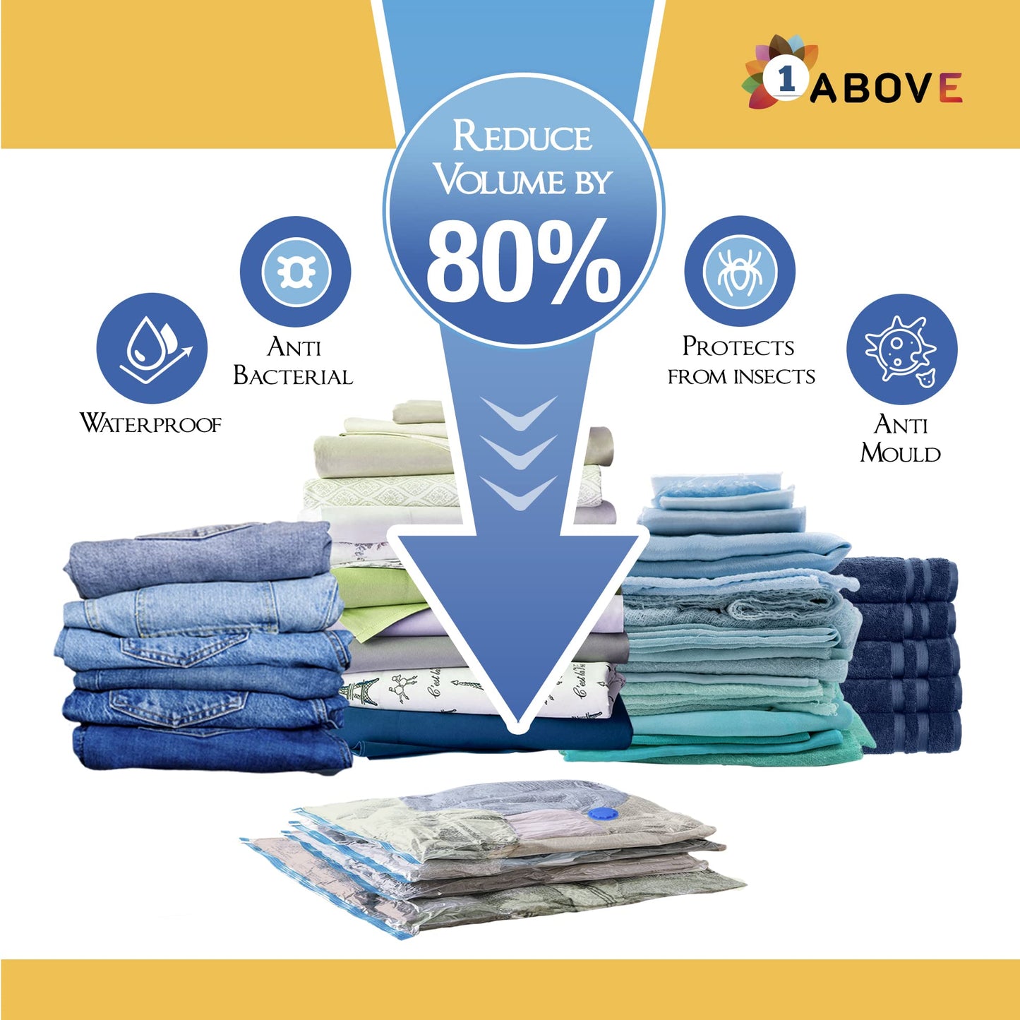 1ABOVE Pack of 6 Vacuum Compressed Storage Bags, Mould Moisture and Bug Proof, Double Zip High Sealing Triple Air Leak Patent Valve for Maximum