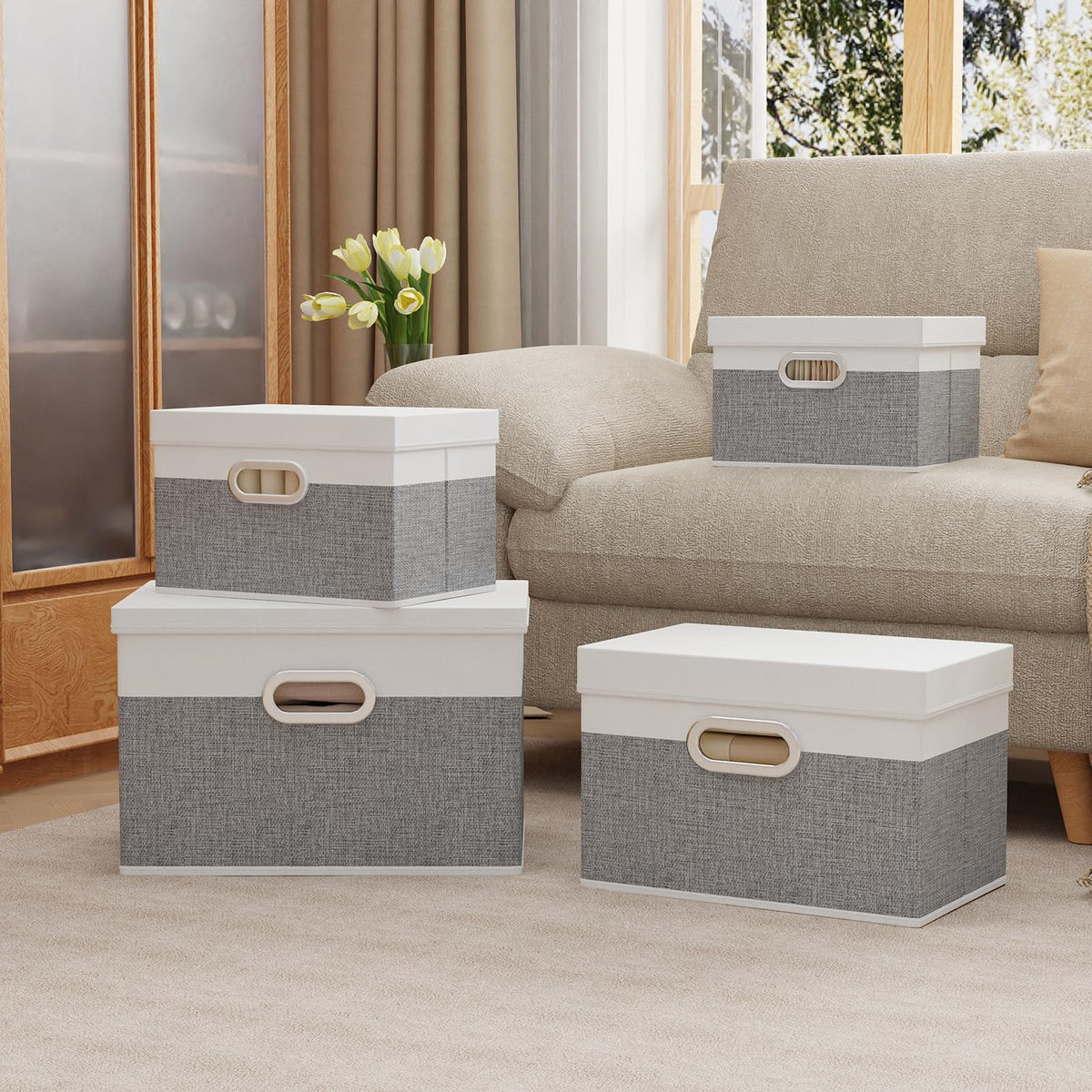 Yawinhe Storage Bins with Lids and Handles 3 Pack,32x23x20cm,White/Greyy