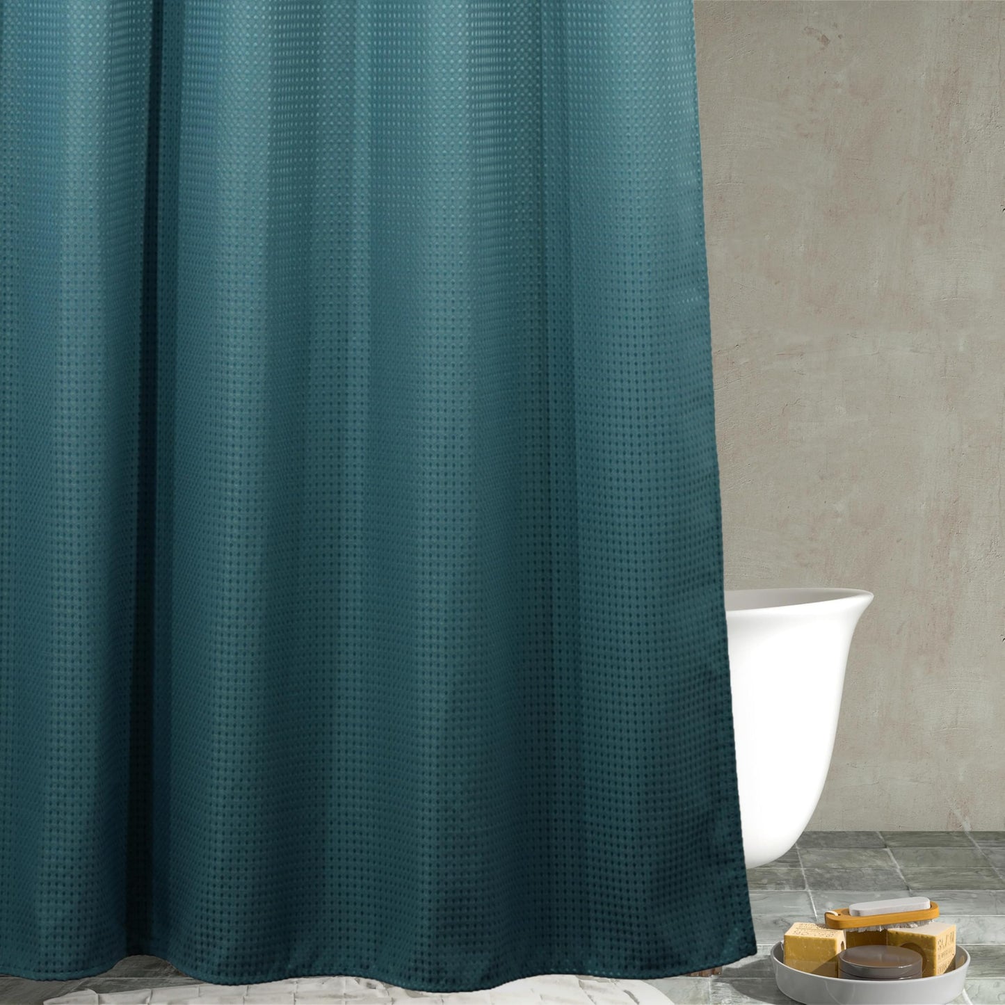 Teal Green Waffle Shower Curtain: Heavy Duty Textured Fabric Shower Curtain for Bathroom