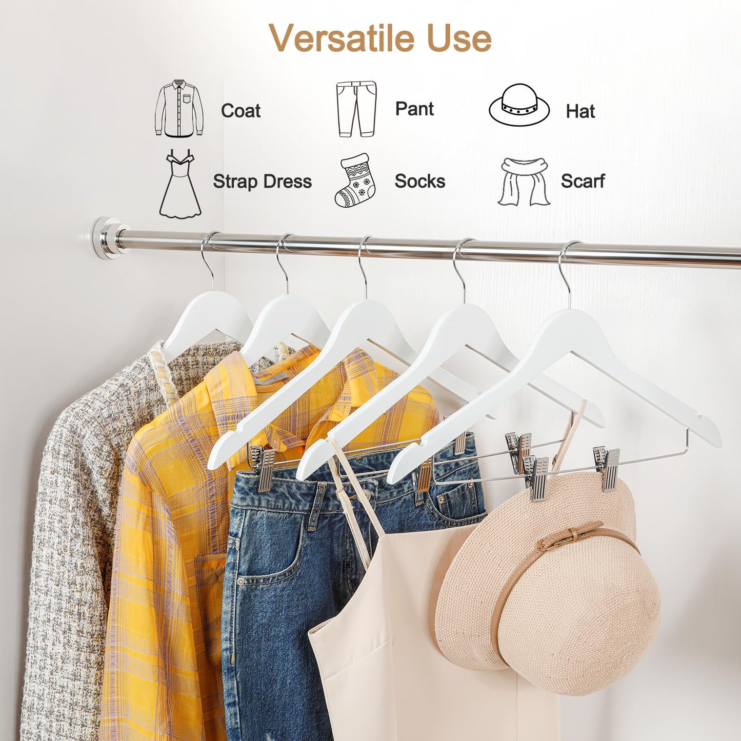 TOPIA HANGER Wooden Suit Hangers with Adjustable Metal Clips (10 Pack), Solid Smooth Wood Clothes Hangers, 360° Swivel Hook