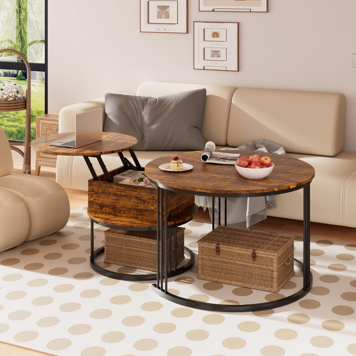 PURFINO Round Coffee Table - 70cm/50cm Nesting Tables Set of 2, Hydraulic Lift-Top with Hidden Storage, Centre Table for Living Room, Small Space