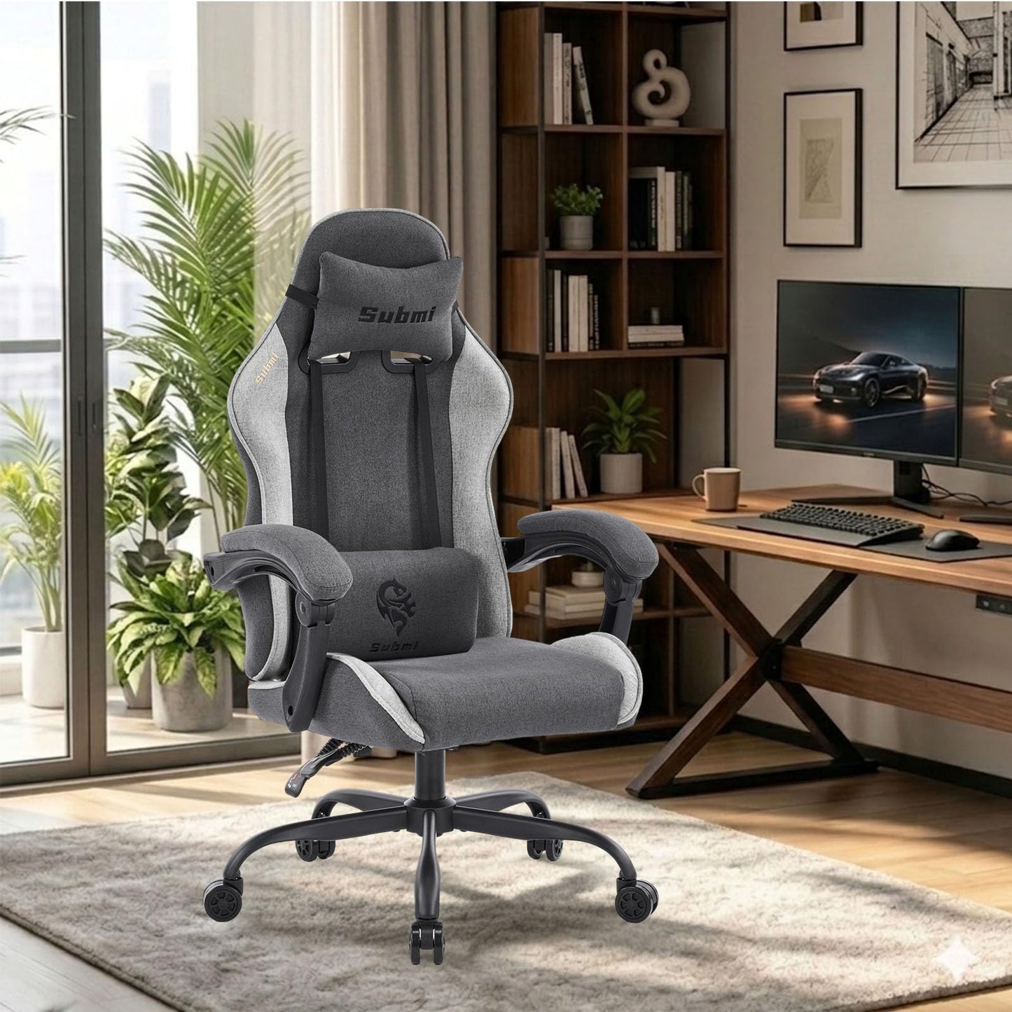 WUPY Ergonomic Gaming Chair, 135° Recline Fabric Office Chair, Black Grey