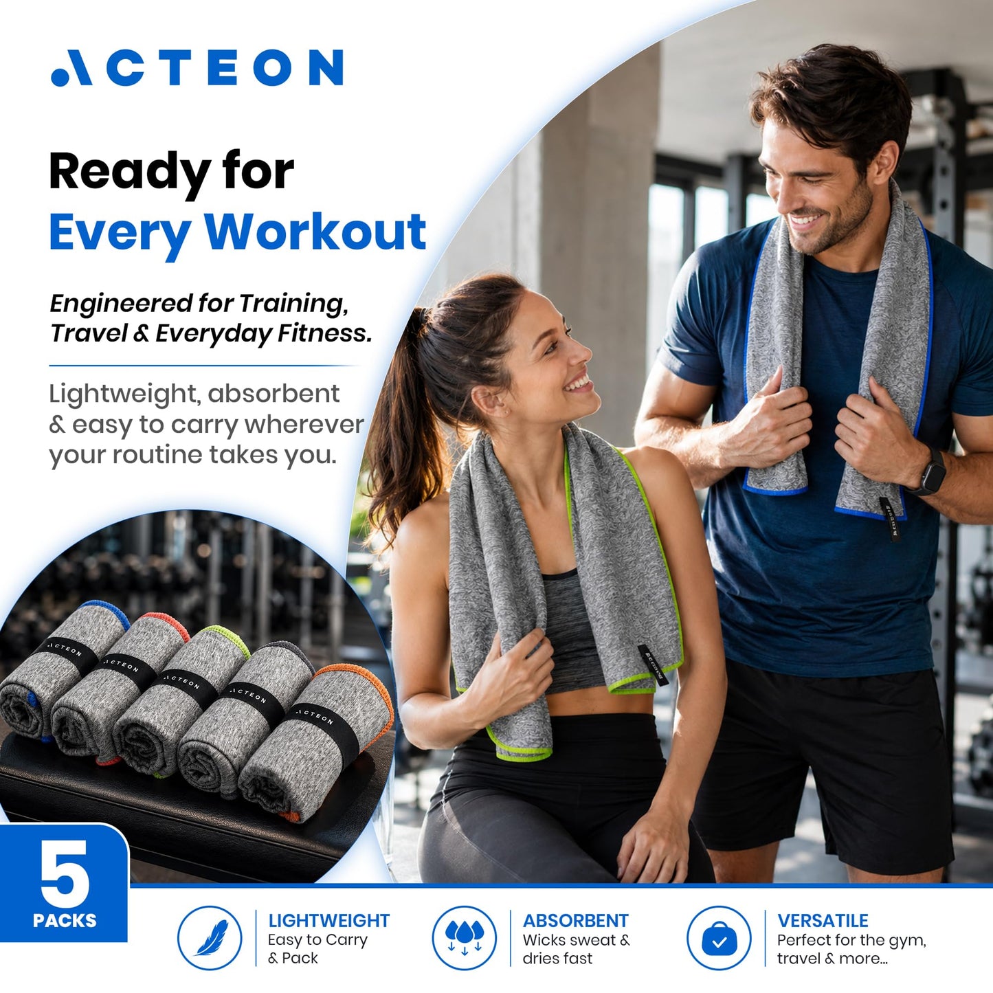 Acteon Microfiber Quick Dry Gym Towel, Silver ION Odor-Free Mega Absorbent Fiber (5-Pack), Fast Drying, Men & Women Small Workout Gear for Body Sweat