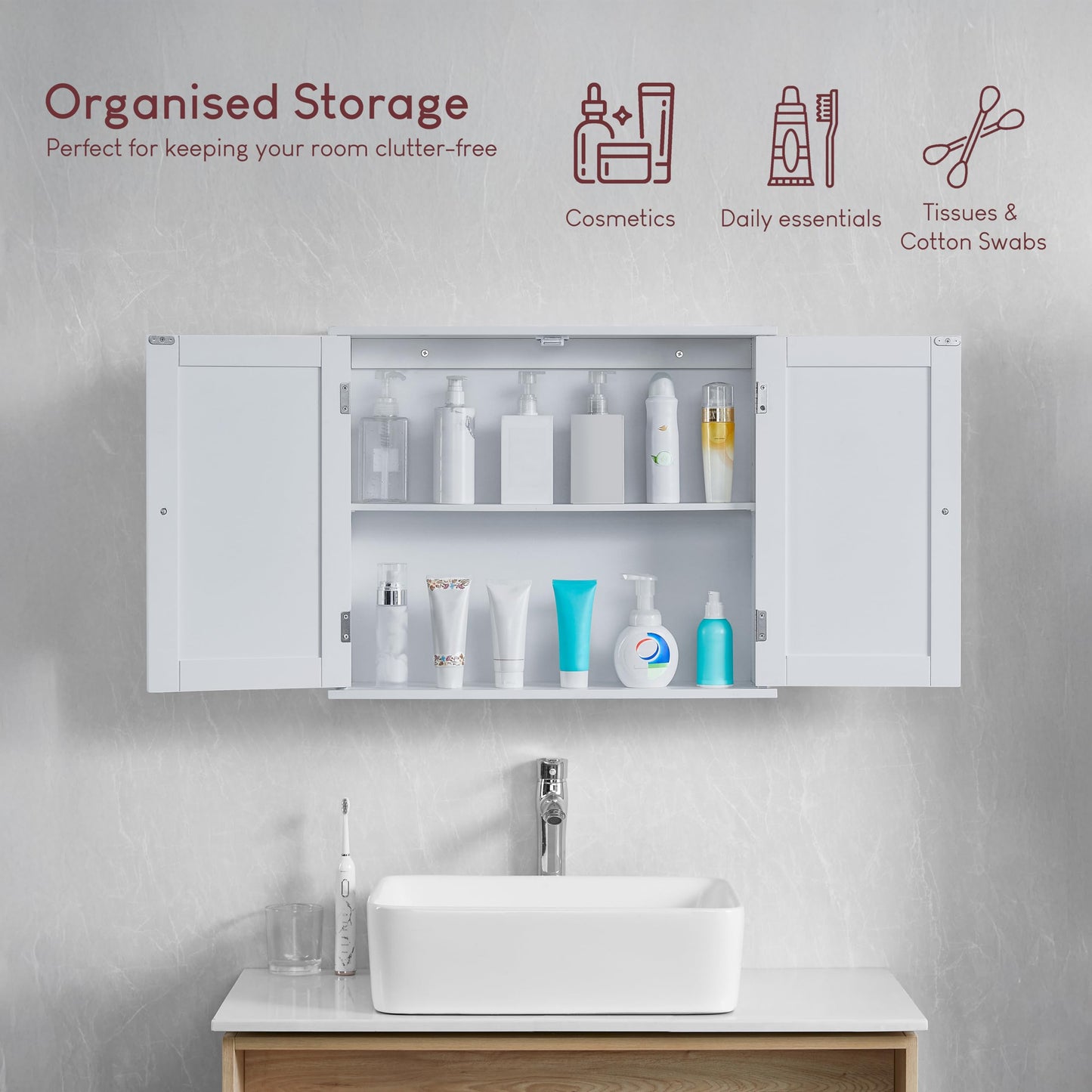 Bath Vida Priano 2 Door Bathroom Wall Cabinet | White | Space-Saving Storage | 50H x 60W x 15D cm | Adjustable Shelf | Modern Wooden Cupboard Unit