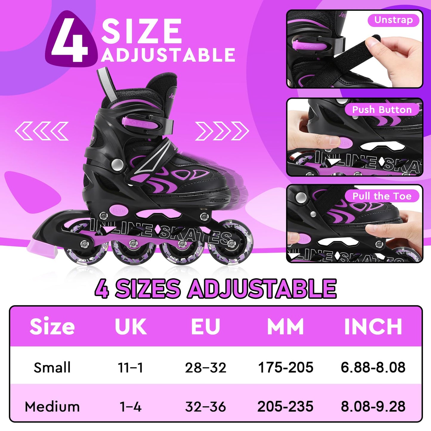 Adjustable Inline Skates for Kids, Girls Boys Light up Inline Skates Size Adjustable Roller Blades for Beginners (Medium (UK 1-4))