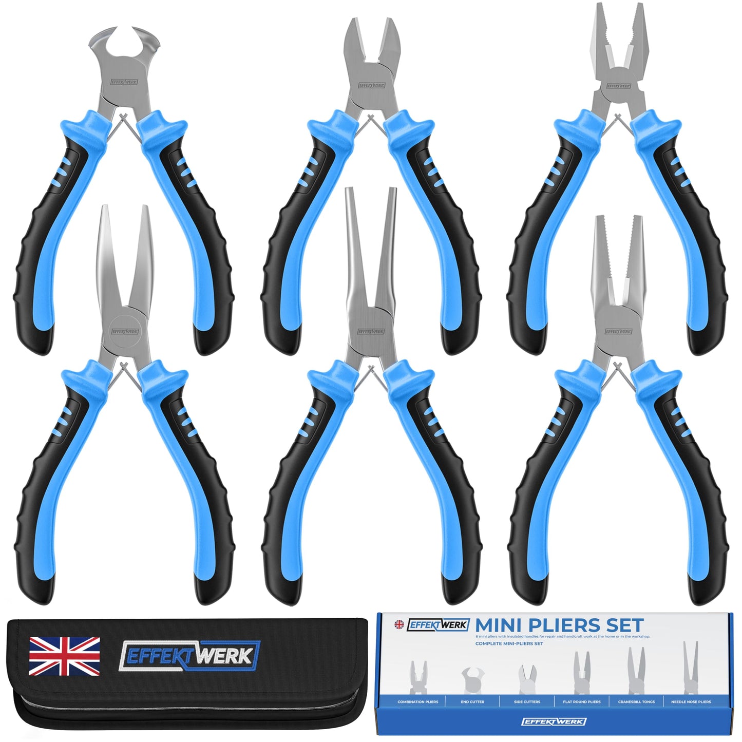 Effektwerk 6-Pc Mini Pliers Set, Linesman, Long Nose, Needle Nose, Bent Nose, Diagonal Cutting & Wire Cutters, Electrician Tool Kit w/Small Pouch, Use