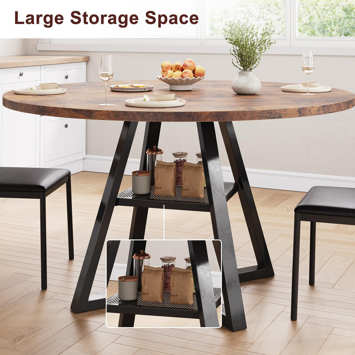 Jocoevol Round Dining Table for 2 People, Circle Dinner Table with Shelves, Space Saving Wood Kitchen & Dining Room Furniture (Vintage, 31 inch