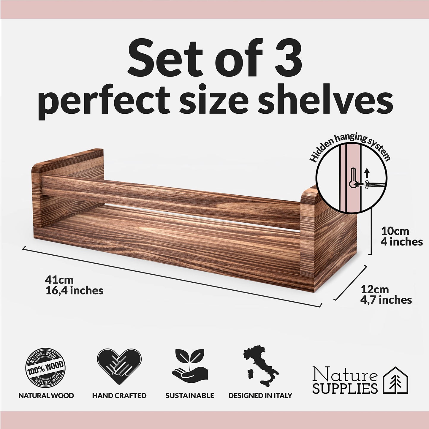NATURE SUPPLIES Set of 3 Nursery Shelves Wall Mounted Children?s Wooden Floating Bookshelf for Bedroom, Bathroom, Kitchen Storage Shelves Kids Decor,