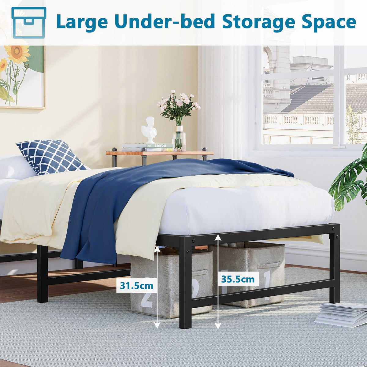 Yornoli 3ft Single Bed Heavy Duty Steel Slats Single Metal Bed Frames with 31.5cm Platform Storage for Adult No Box Spring Needed Easy Assembly
