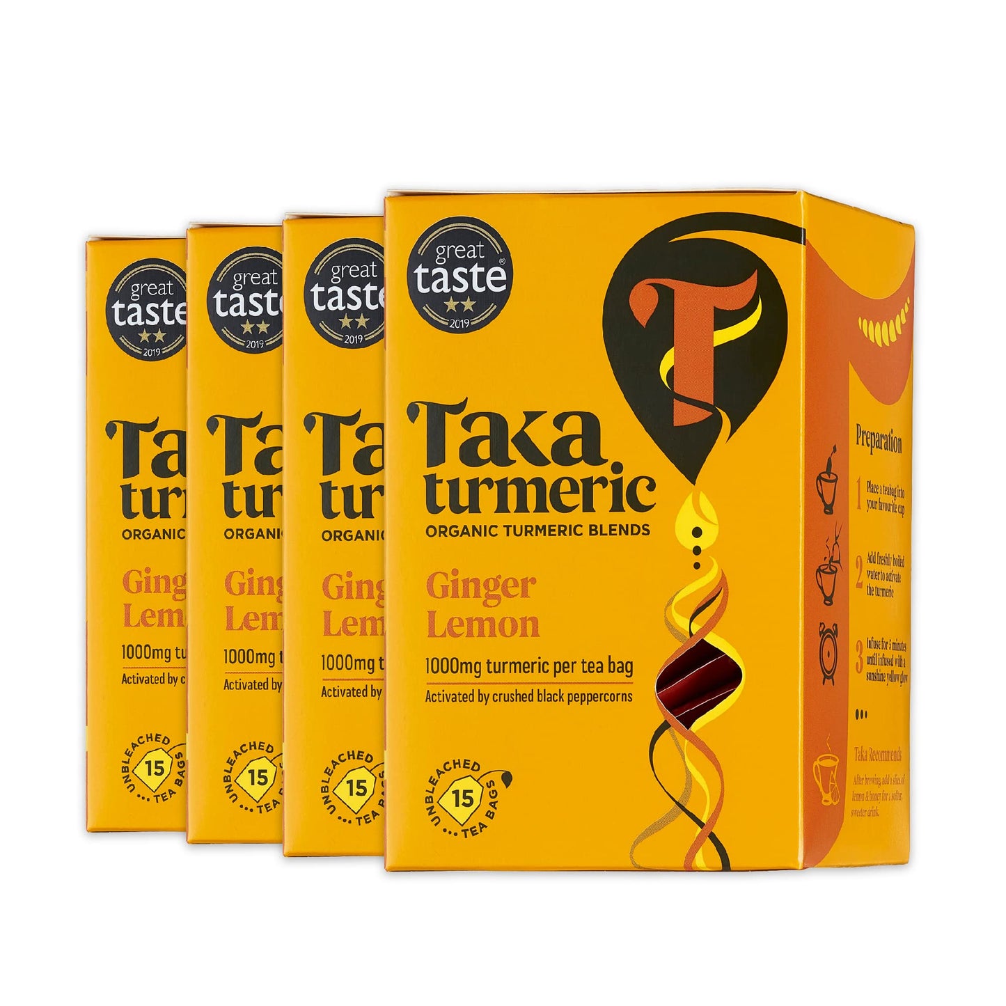Taka Turmeric, 4 Pack (60 Total) Organic Lemon and Ginger with Turmeric & Black Peppercorns, Turmeric, Caffeine Free, Detox, No Added Flavourings,