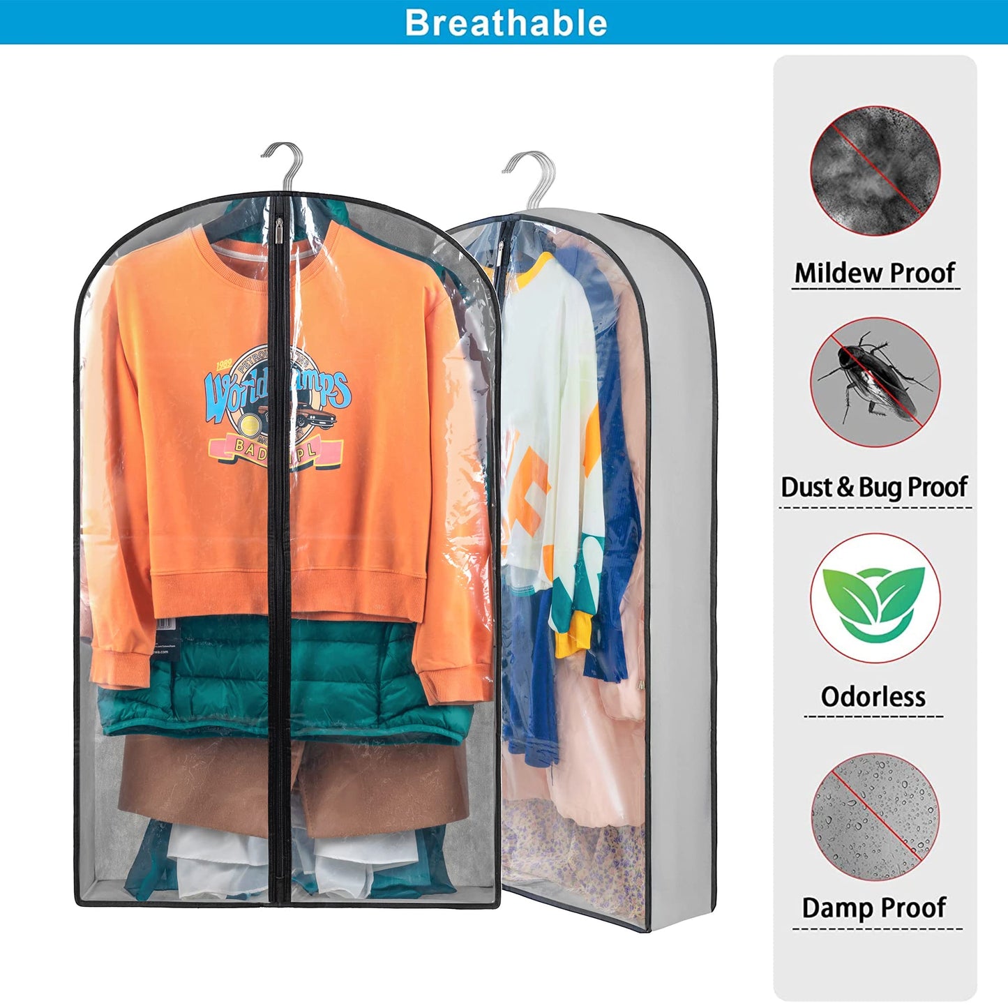 Eindas 4 Pack Clothes Covers with Zip, 40'' (102cm) Garment Bags Storage Gusseted Suit Protector Breathable Hanging Bag Jacket Coat for Wardrobe