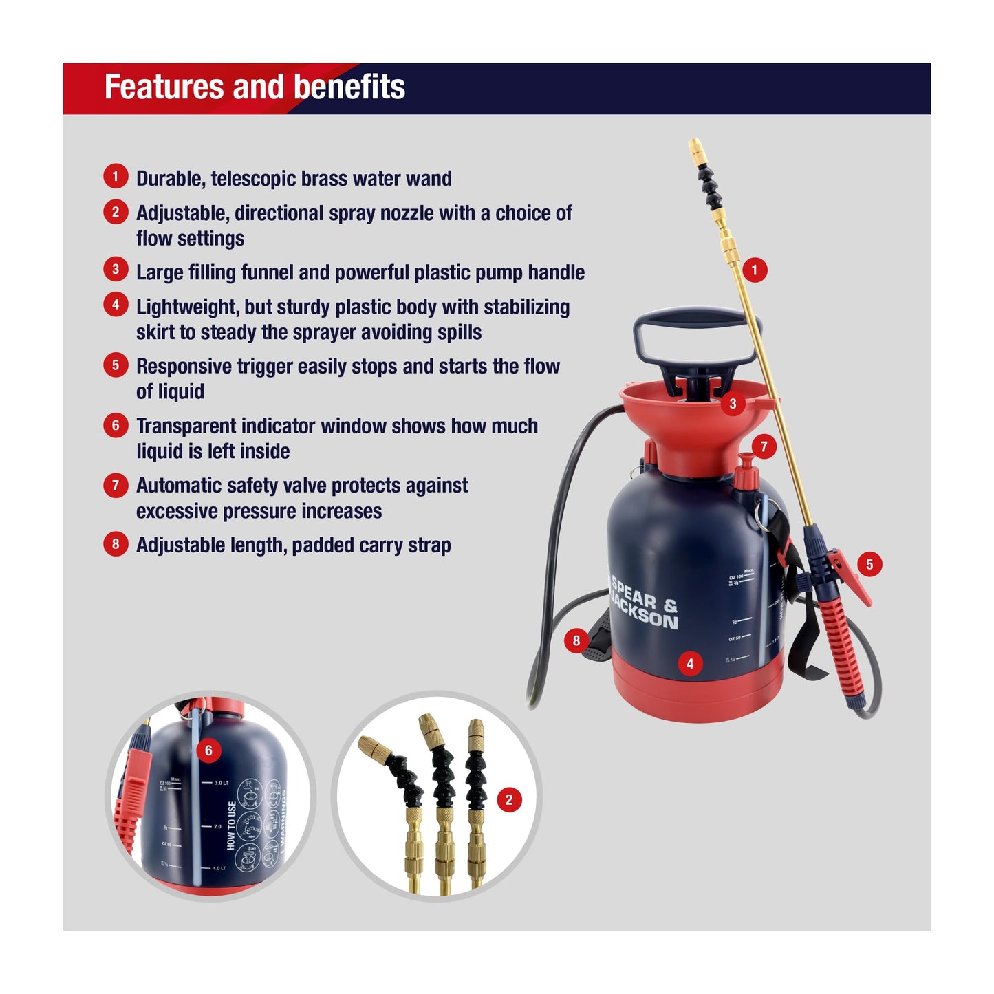 Spear & Jackson 3LPUMP 3 Litre General Purpose Pump Action Pressure Sprayer, Red & Blue