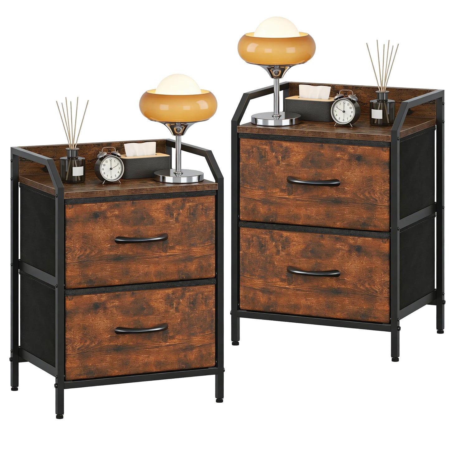 Feonase Bedside Tables Set of 2, Bedside Table with 2 Storage Fabric Drawers, Sturdy Metal Frame,Bed Side Table for Bedroom & Living Room Modern