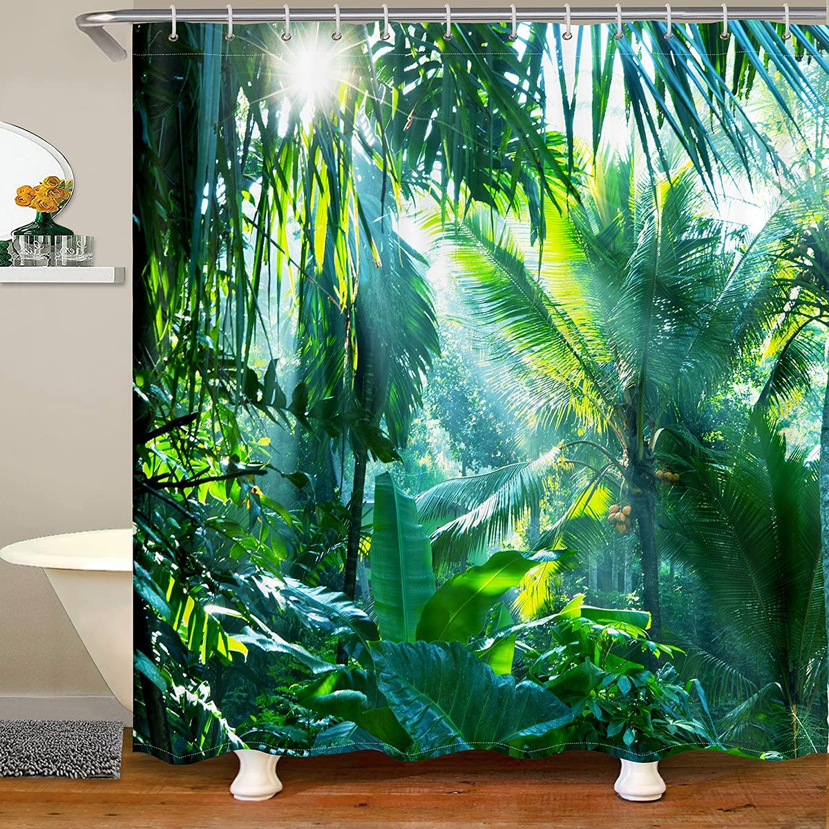 Loussiesd Banana Leaves Shower Curtain With Hooks Green Banana Leaves 180x180cm Botanical Waterproof Mould Proof Resistant Bathroom Curtain Washable