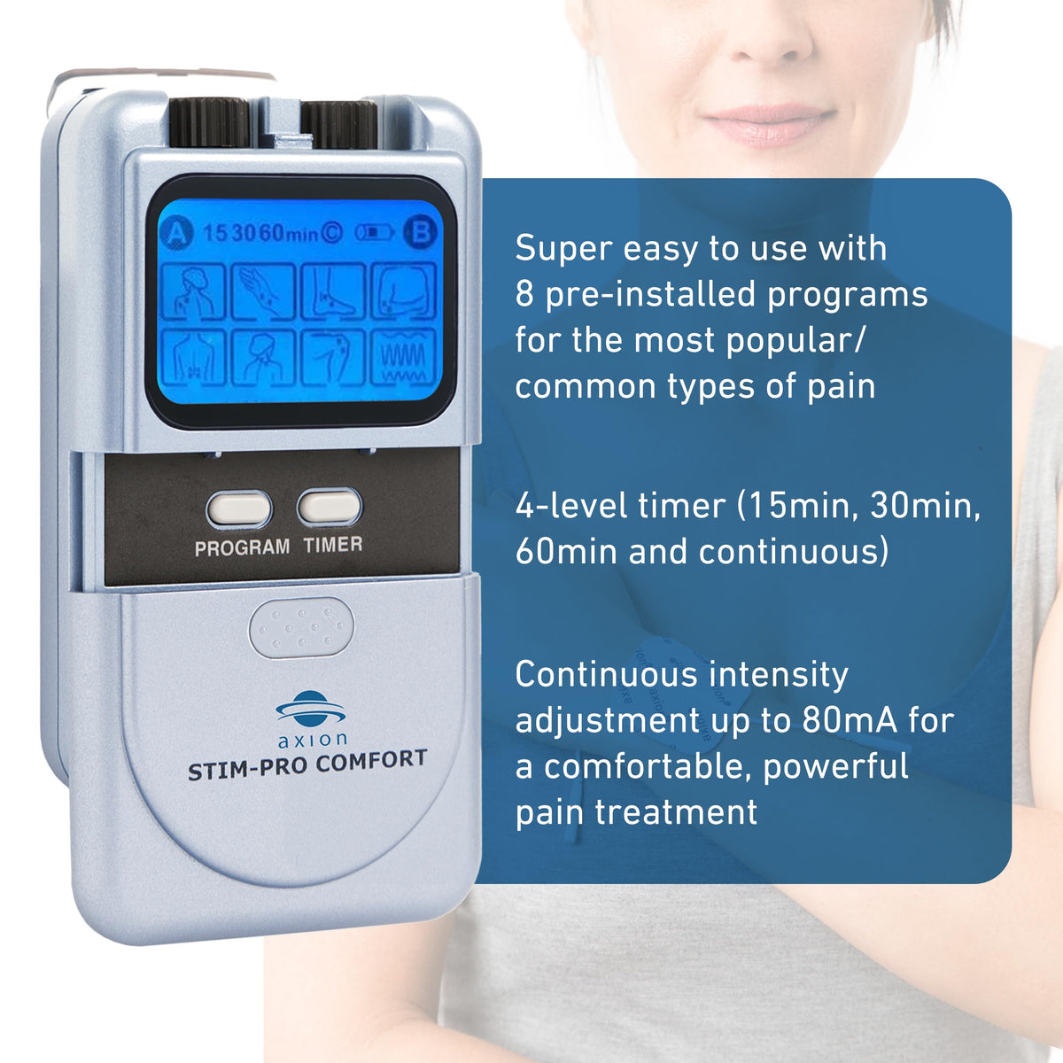 axion TENS Machine for Pain Relief STIM-PRO Comfort - with 4 pcs of 5x5cm Electrode Pads | Dual Channel TENS unit for muscle and nerve stimulator