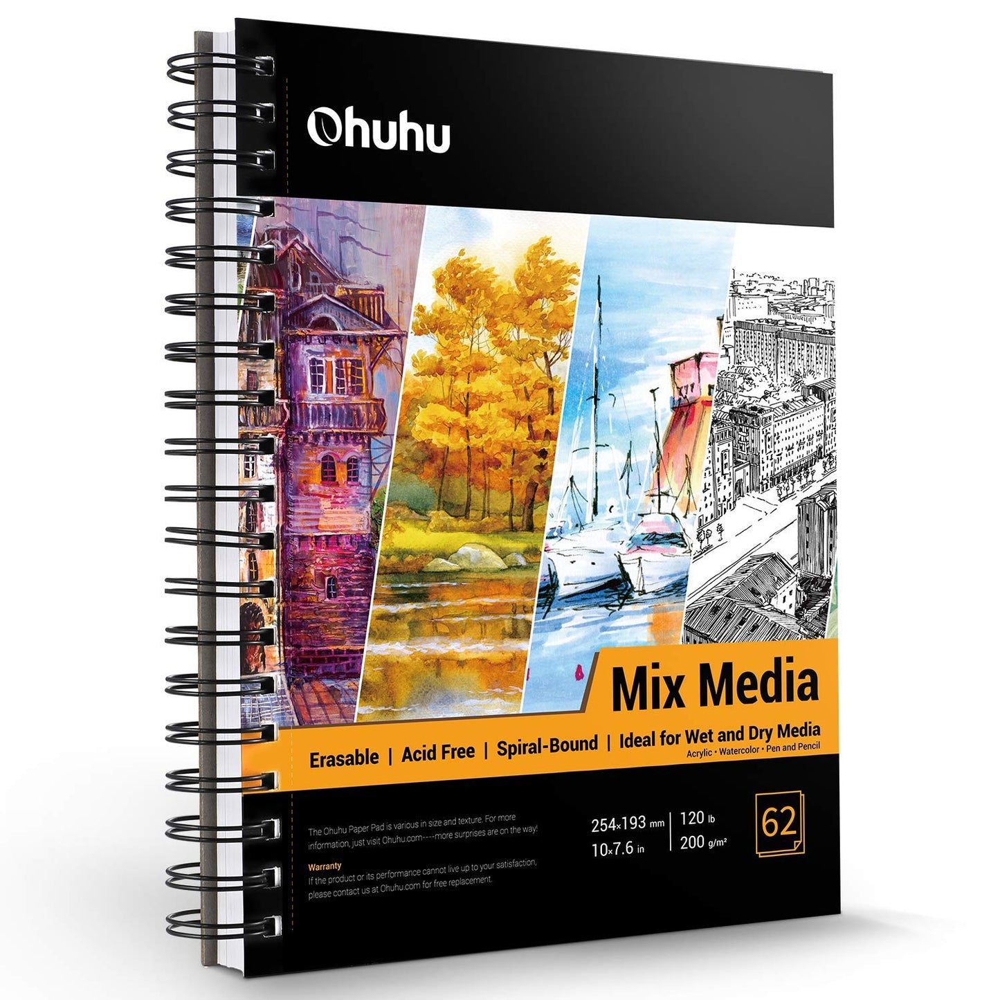 Ohuhu Mixed Media Sketchbook 10?7.6" (25.4?19.3cm) Portrait Format - 200gsm Spiral Bound, 124 Pages (62 Sheets) Acid-Free Paper for Watercolour,