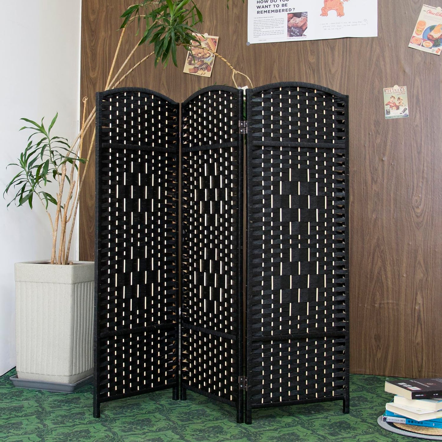 Furnnylane 3 Panel Black Rattan Divider Short Room Partition Screen,Double Sided Short Folding Divider for Room Separation,120 cm Tall