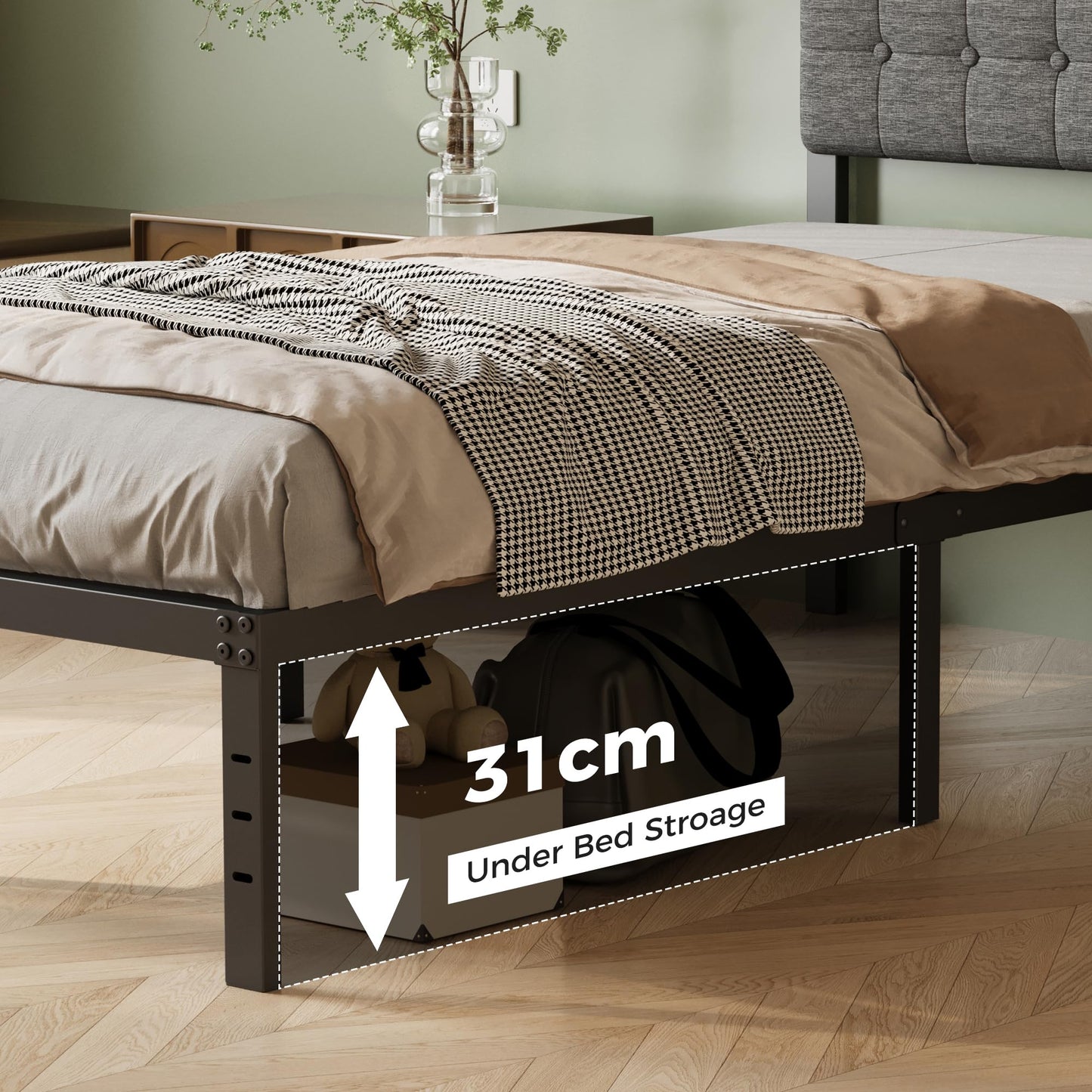Lutown-Teen 2ft 6 Small Single Bed Frame with Grey Upholstered Headboard