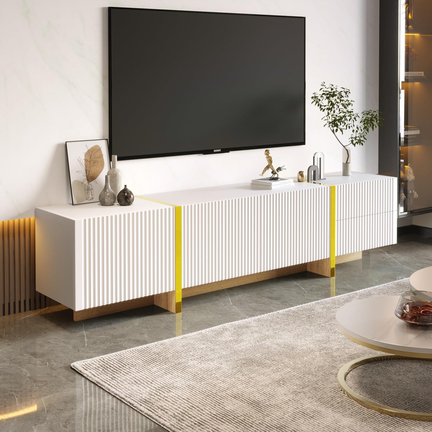 Ball & Cast TV Cabinet for TV up to 85", TV Stand with 2 Drawers, 2 Cabinets and Open Shelves, Embossed Pattern TV Stand Cabinet, 190x35x34cm
