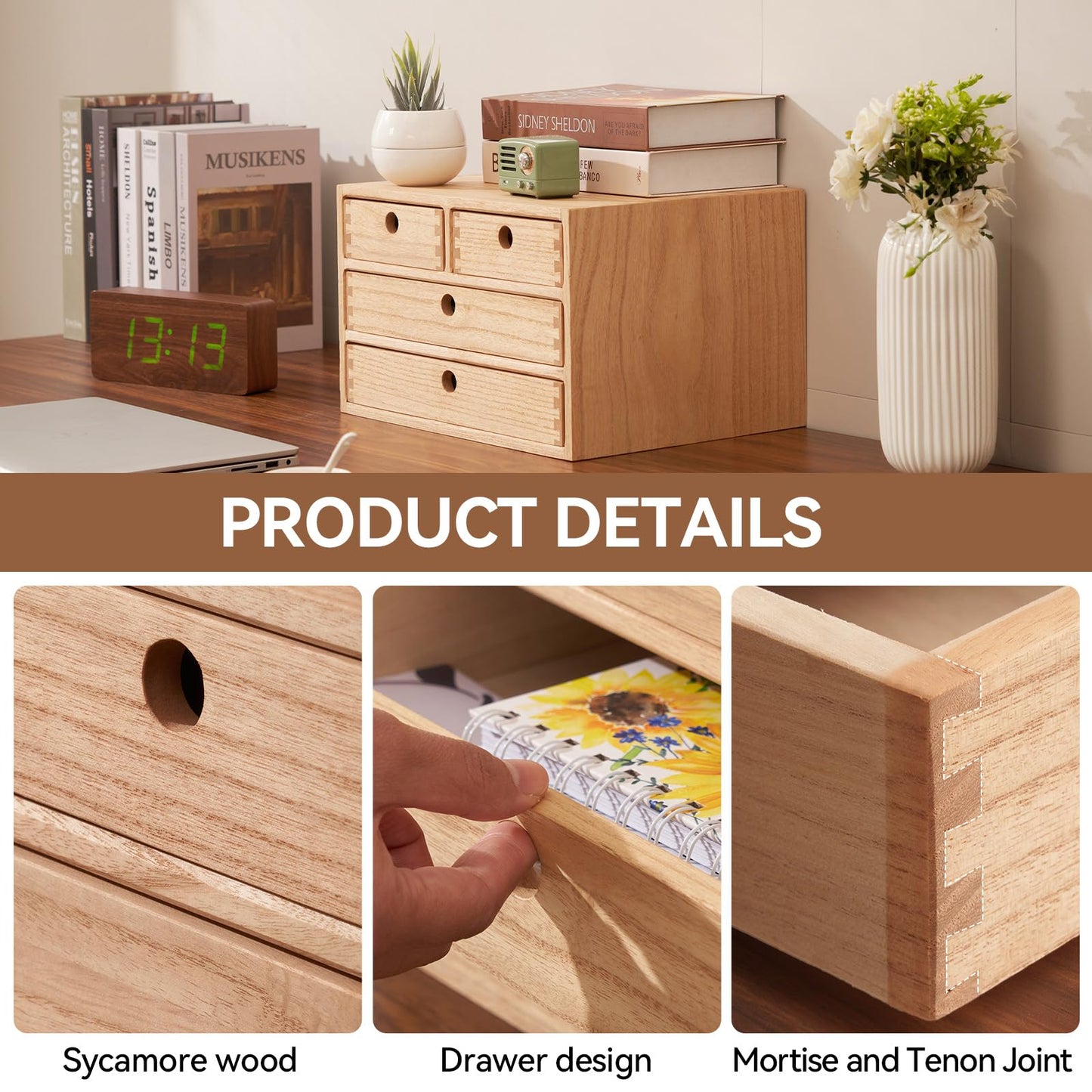 KIGIREN Wood Desktop Organizers with Drawers Home Workspace Office Supplies Wooden Storage Box Shelf Case Hold Makeup Box with 4 Drawers Natural