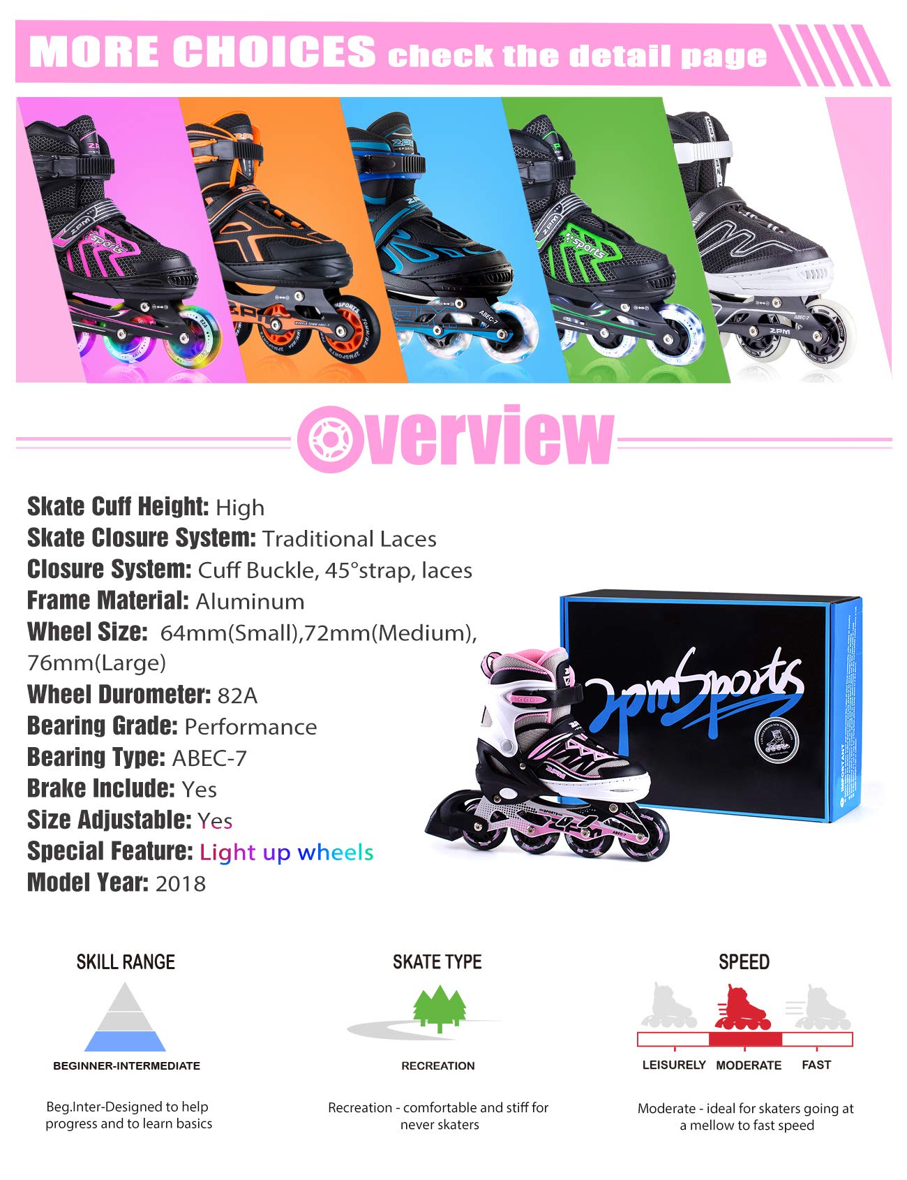 2pm Sports Adjustable Light up Inline Skates, Stylish Design Beginner Roller Skates for Boys and Girls - Pink Small