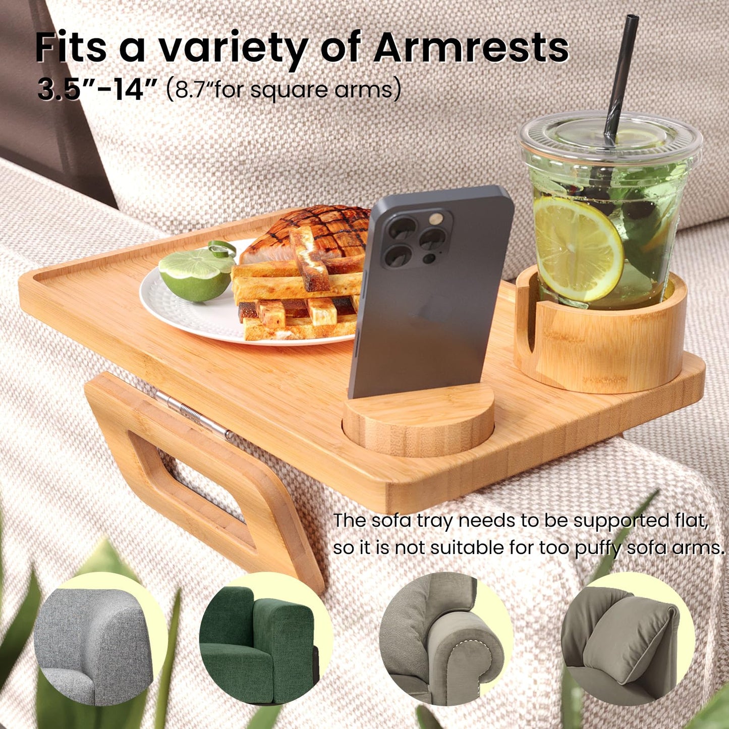 Fibogollo 3 in 1 Sofa Tray,Bamboo Folding Couch Arm Tray with Cup holder and Phone Holder,Sofa Armrest Trays Clip-On Sofas Desk for
