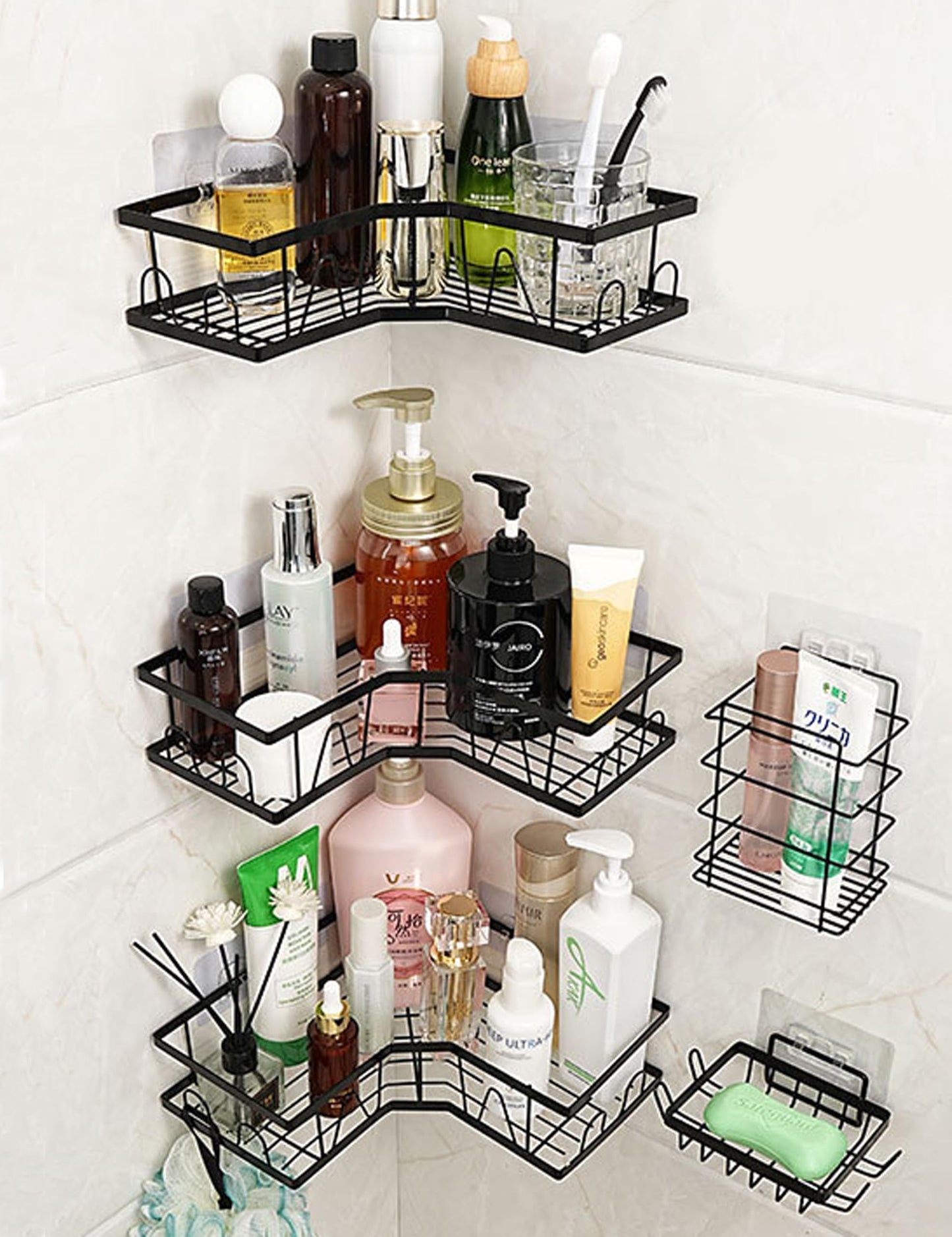 HanYun 5-Pack Black Corner Shower Caddy, 10KG Heavy-Duty, Rust & Water Resistant, Suitable for All Smooth Walls