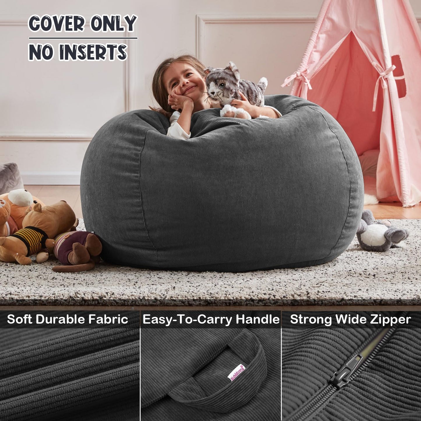 Nobildonna Bean Bag Chair Cover (No Filler) for Kids Beanbag Stuffed Animal Storage Without Filling Plush Toys Holder and Organizer Soft Premium