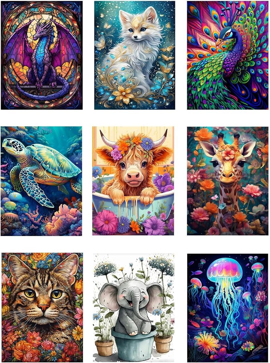 BEAYIOU 9 Pack Animal Diamond Painting Kits for Adults?5D DIY Cow Elephant Dragon Diamond Art Kits for Beginners Round Full Drill Painting with