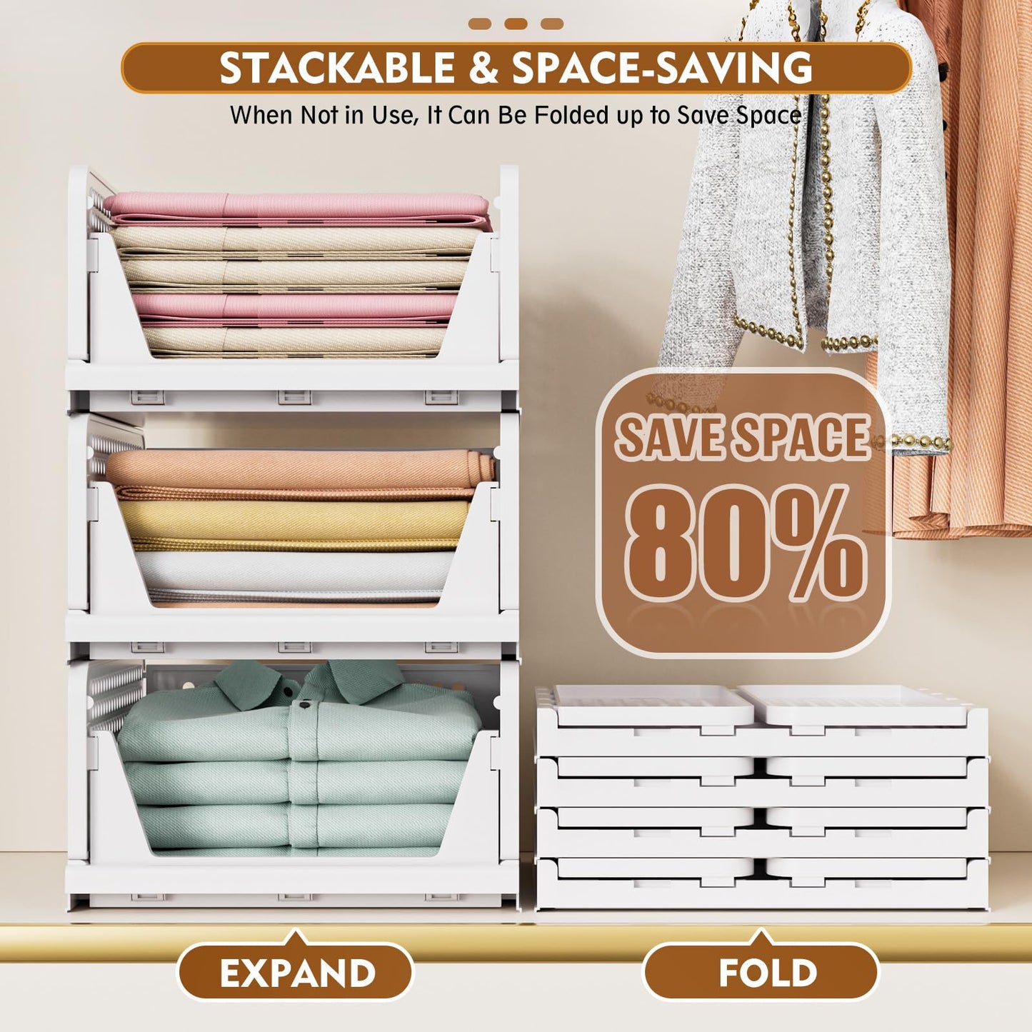 SNSLXH 5 Pack Wardrobe Storage Organiser, Stackable & Foldable Closet Organisers for Bedroom Bathroom Laundry Room Wardrobe Storage, Space-Saving