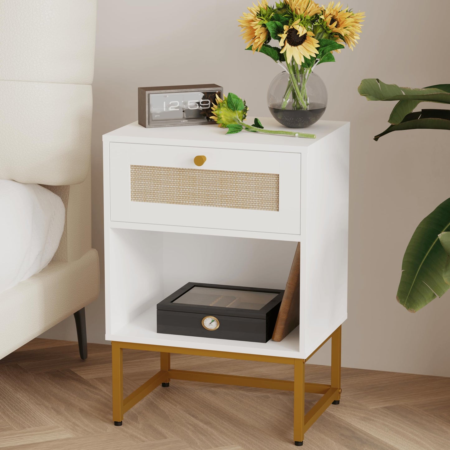 JERX Rattan Bedside Table, Farmhouse Wood Nightstand with Storage Drawer and Open Shelf Small Bedside Cabinet for Bedroom,Living Room,Office White