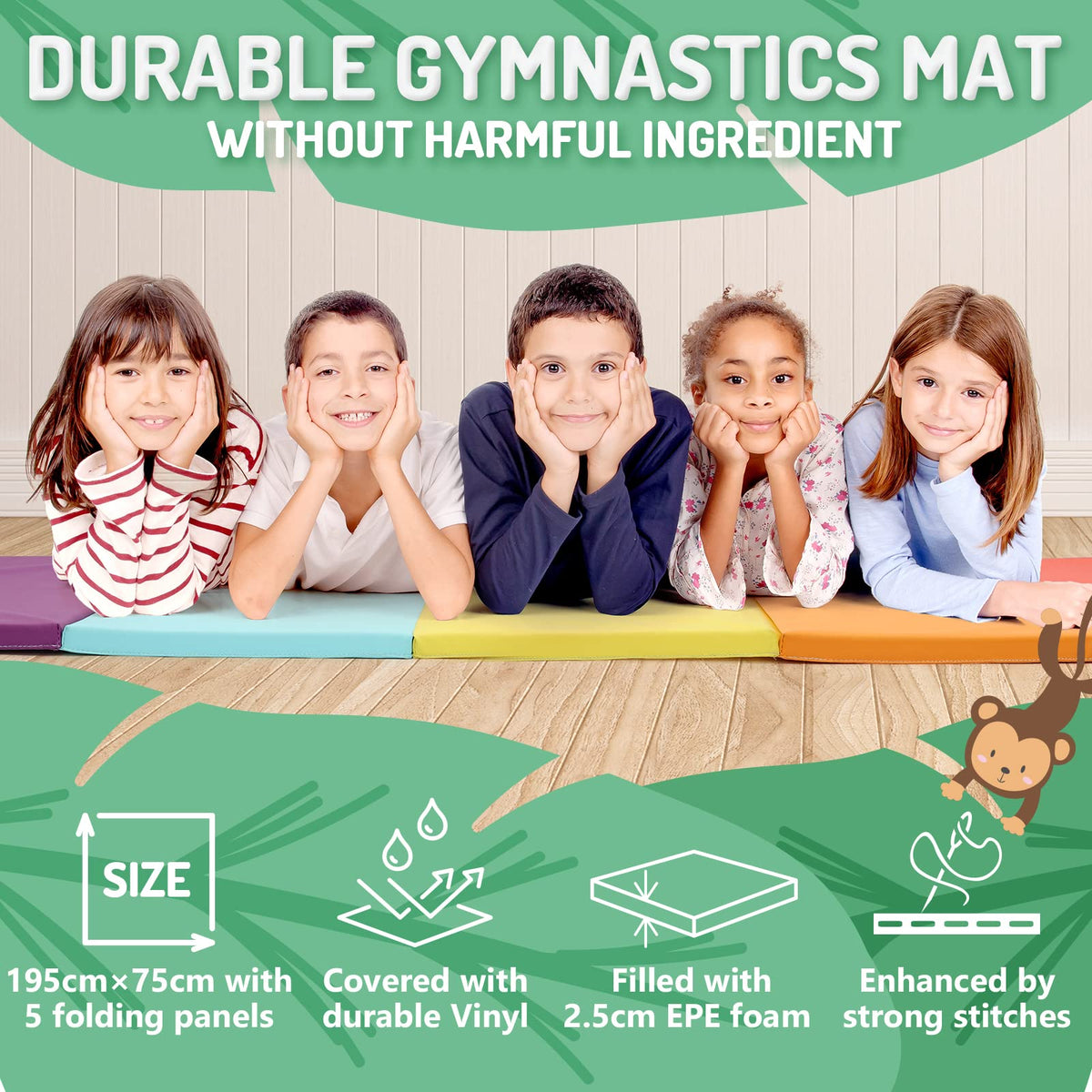 PhysKcal 5-Panel Folding Gymnastics Tumbling Mat with Carrying Handles, Thick Exercise Mat, Foldable for Kids, Padding MMA, Gymnastics, Activity Play