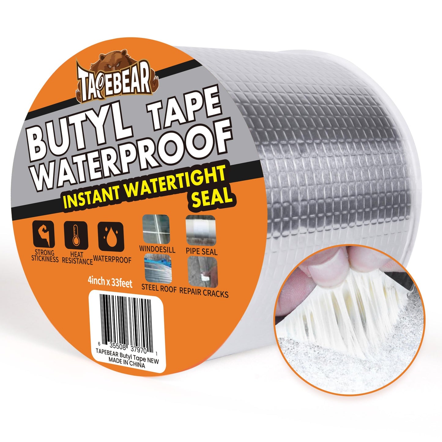 TAPEBEAR 100mm x 10m Butyl Tape Waterproof Sealant Tape, Aluminum Foil Duct Sealing Tape for RV Roof Repair, Boat and Pipe Sealing, Silicone, Glass &