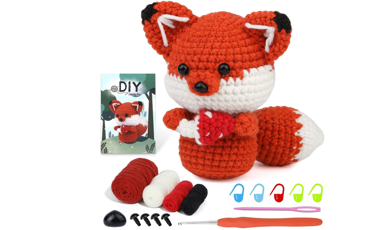 BUOKKON Crochet Kit for Beginners, Crochet Animal Kit, Fox Beginner Crochet Kit with Step-by-Step Video Tutorials Yarns Crochet Hook, Crochet Starter