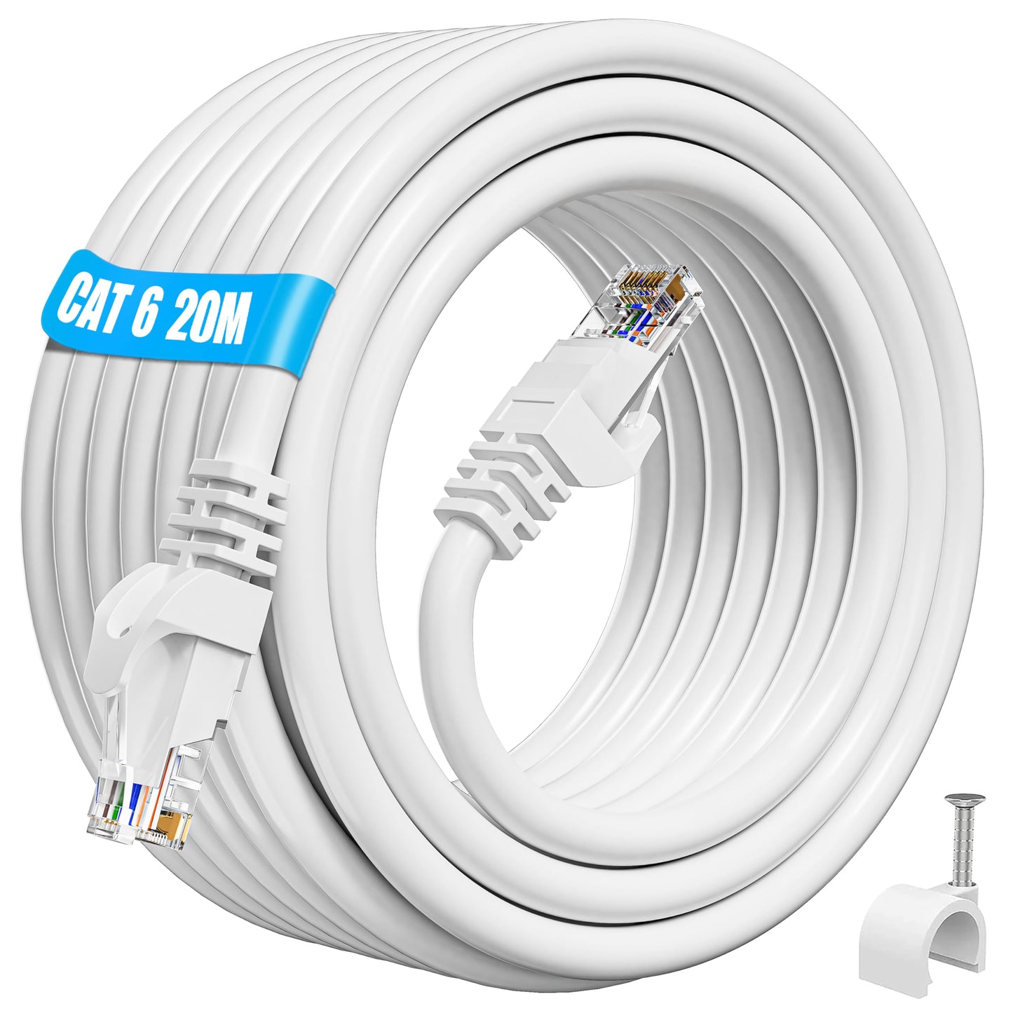 ikbc 20m Cat6 Ethernet Cable - High Speed Gigabit Network Cable, Waterproof, RJ45 Connector, PS4/5 Router Compatible (20 Clips)