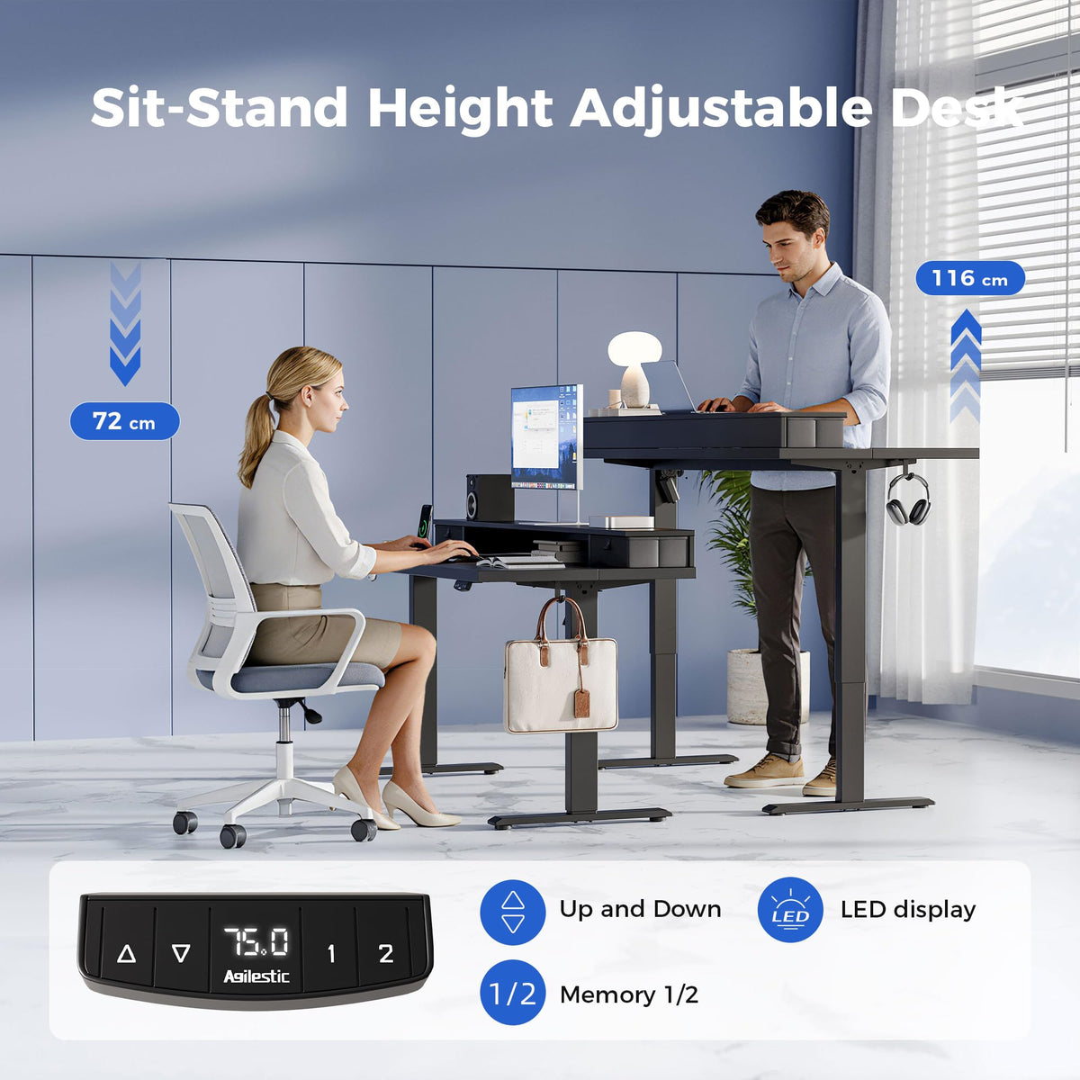 Agilestic Electric Adjustable Height Desk, with 2 Fabric Drawers, 140x60cm