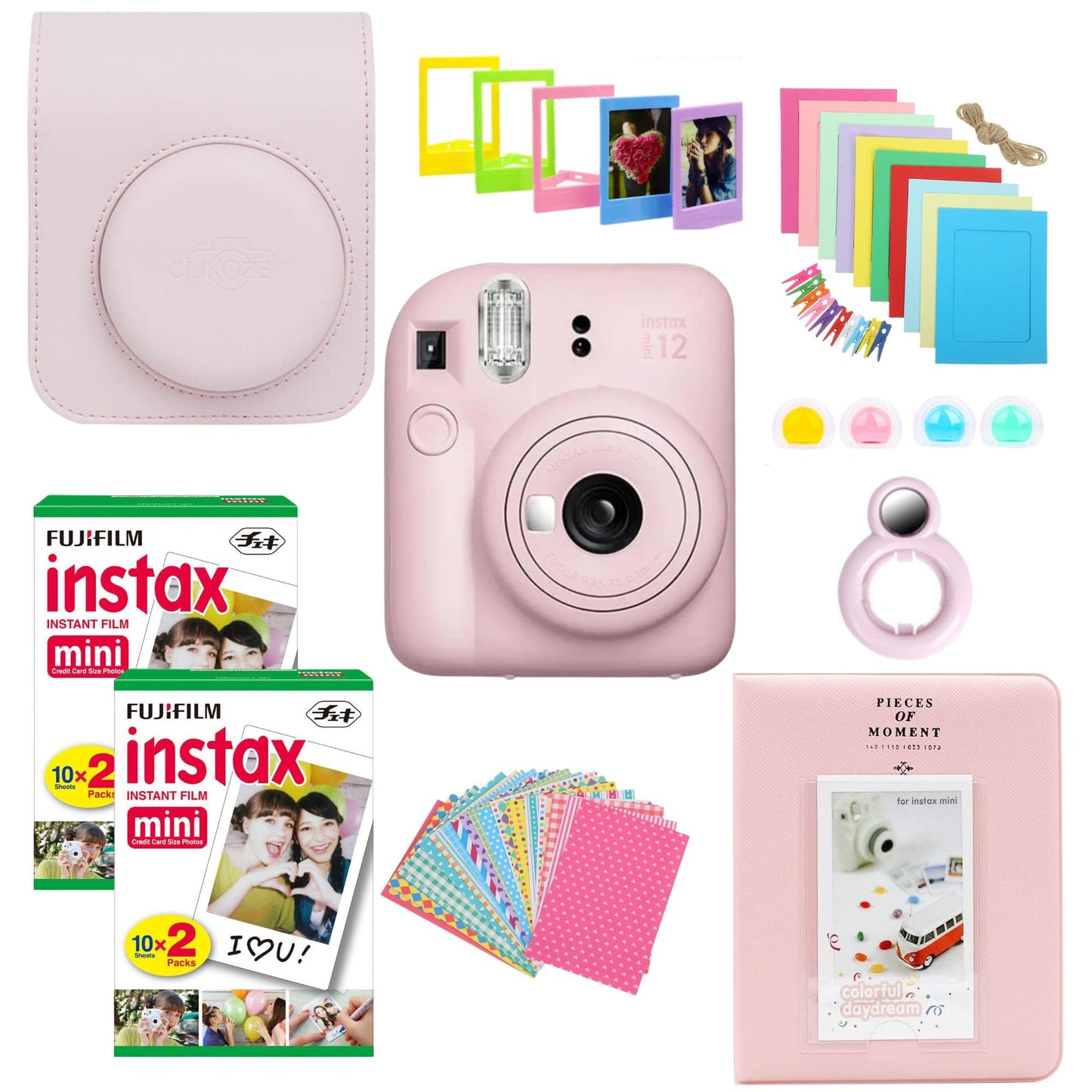 Clikoze Instant Camera Bundle with Fujifilm Mini 12 Blossom Pink Camera, Fujifilm 40 Shot Mini Film, Clikoze Mini 12 Case, Mini Album Book, Film