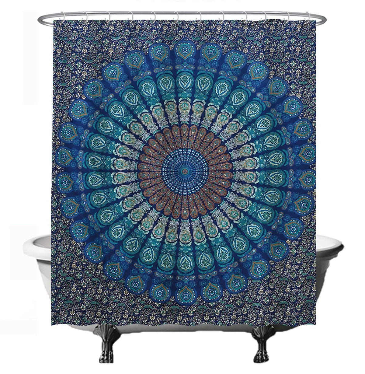 Ulticool Mandala Shower Curtain, 180 x 200 cm, Washable, Anti-Mildew Waterproof, with 12 Rings, Blue