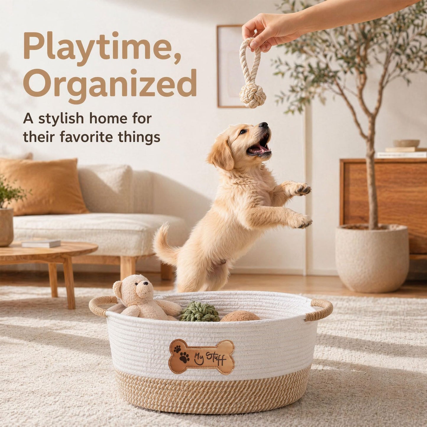 twirush Dog Toy Basket, Dog Toy Box Organizer Baskets, Woven Cotton Rope Basket Puppy Dogs Toy Bin With Handle, Dogs Toy Bin for Pet Supplies