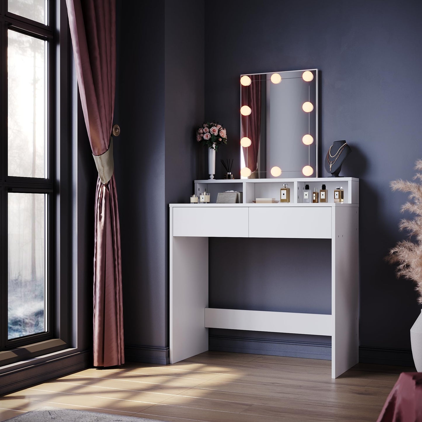 ELEGANT Dressing Table with Large Rectangular Mirror, Vanity Makeup Desk with Hollywood LED Lights and Adjustable Brightness, 3 Open Compartments and