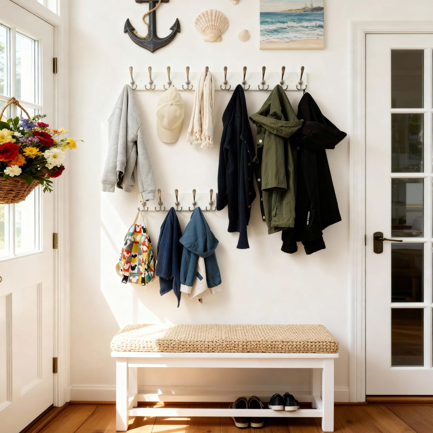SKOLOO Creations White Solid Wood Wall Mounted Coat Rack, 10 Hooks, 38-1/8" Long - Kitchen, Mudroom, Entryway, Bathroom - Includes Mounting Hardware