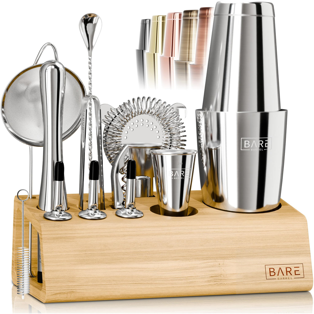 BARE BARREL Cocktail Making Kit | 14-Piece Bartender Kit Cocktail Shaker Set Maker | Bamboo Display Stand & 35 Recipe Cards | Mixology Cocktail Gift