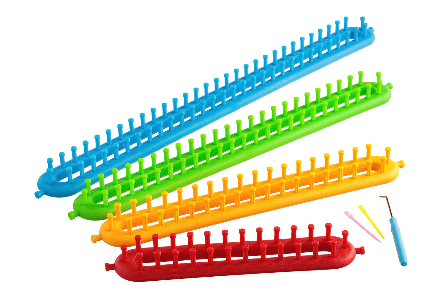 The Quilted Bear Long Knitting Loom Set - Easy Knit 4 Piece Peg Loom with 2 Pins, Loom Knitting Hook Tool & Instruction Leaflet for Scarves, Hats &