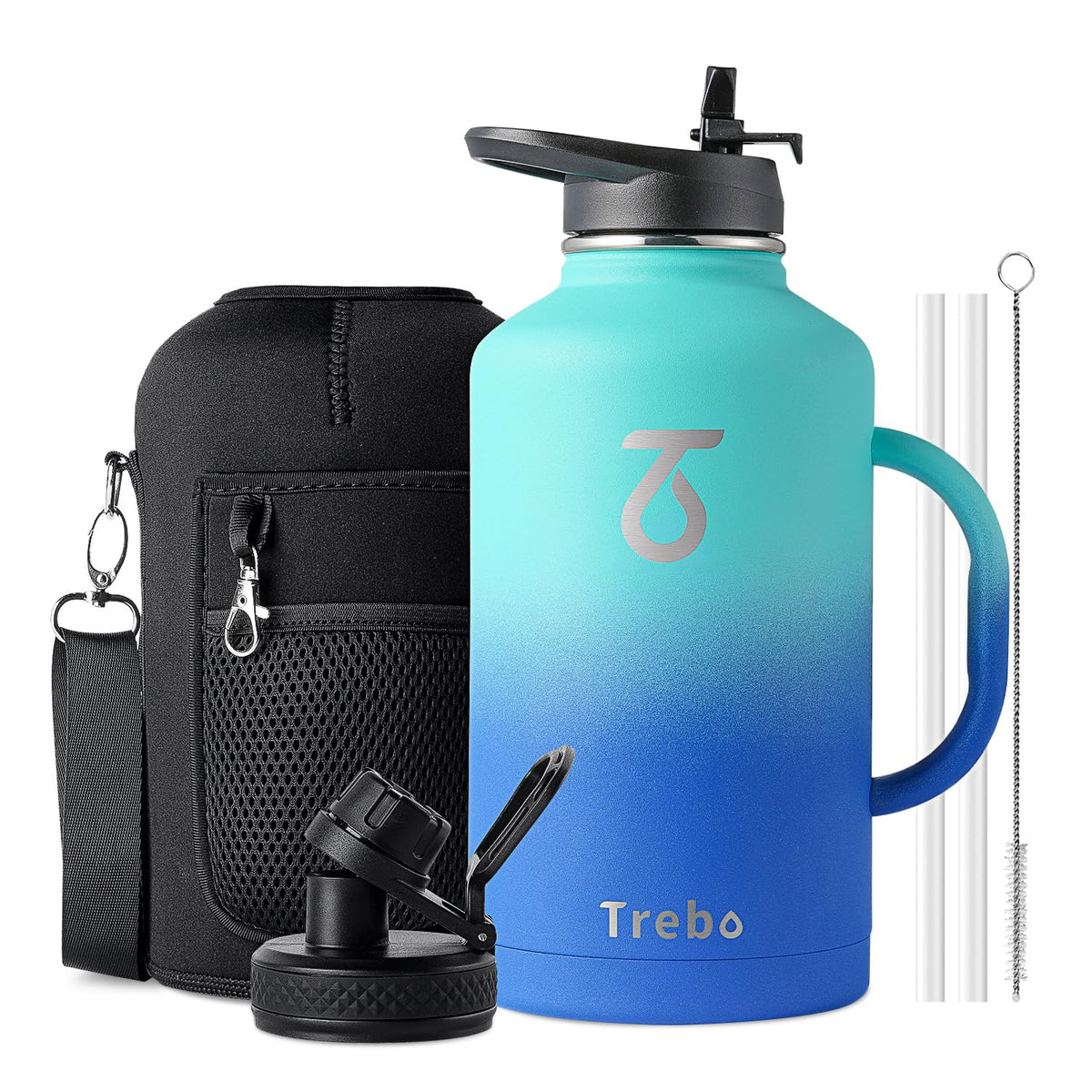 Insulated Water Bottle 2L, Trebo Stainless Steel Water Bottle Large Metal Bottle with Handle Wide Mouth Double Wall Sports Bottle Keep Cold Water